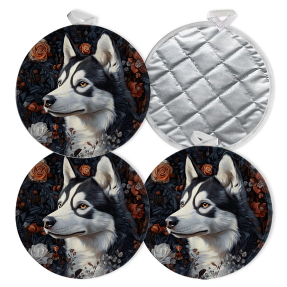 4 PCS Pot Holders for Kitchen,Potholders Sets with Hook for Oven,Cooking,Baking,Flower - Framed Husky With Intense Eyes