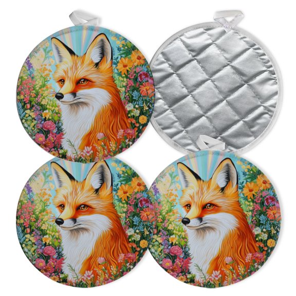 4 PCS Pot Holders for Kitchen,Potholders Sets with Hook for Oven,Cooking,Baking,Fox In The Shadow Of Flowers