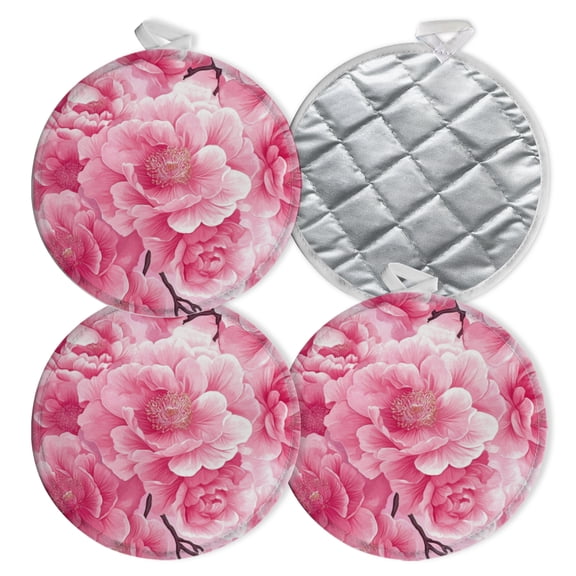 4 PCS Pot Holders for Kitchen,Potholders Sets with Hook for Oven,Cooking,Baking,Fresh Lovely Pink Spring Blooming Flowers Pattern