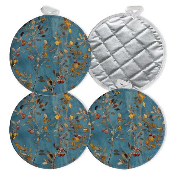 4 PCS Pot Holders for Kitchen,Potholders Sets with Hook for Oven,Cooking,Baking,Fruited Branches In Textured Blue Setting