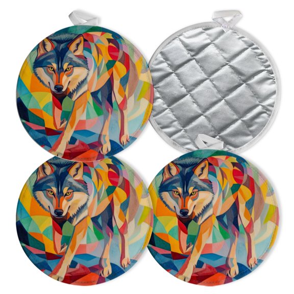 4 PCS Pot Holders for Kitchen,Potholders Sets with Hook for Oven,Cooking,Baking,Geometric - Styled Wolf With Fierce Stare