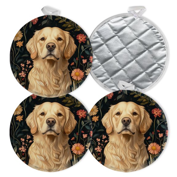 4 PCS Pot Holders for Kitchen,Potholders Sets with Hook for Oven,Cooking,Baking,Golden Retriever In Dark Floral Background