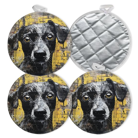 4 PCS Pot Holders for Kitchen,Potholders Sets with Hook for Oven,Cooking,Baking,Graffiti - Style Dog Portrait On Brick - Wall