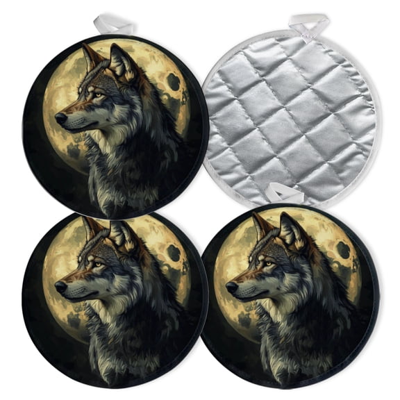 4 PCS Pot Holders for Kitchen,Potholders Sets with Hook for Oven,Cooking,Baking,Graphic - Style Wolf With Large Moon In The Background