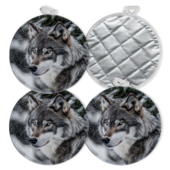 4 PCS Pot Holders for Kitchen,Potholders Sets with Hook for Oven,Cooking,Baking,Grey Wolf Head With Pine Tree And Snow
