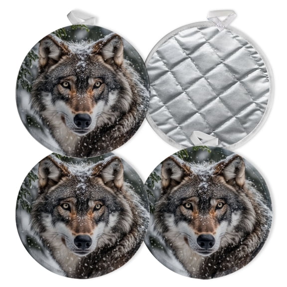 4 PCS Pot Holders for Kitchen,Potholders Sets with Hook for Oven,Cooking,Baking,Grey Wolf Head With Pine Tree