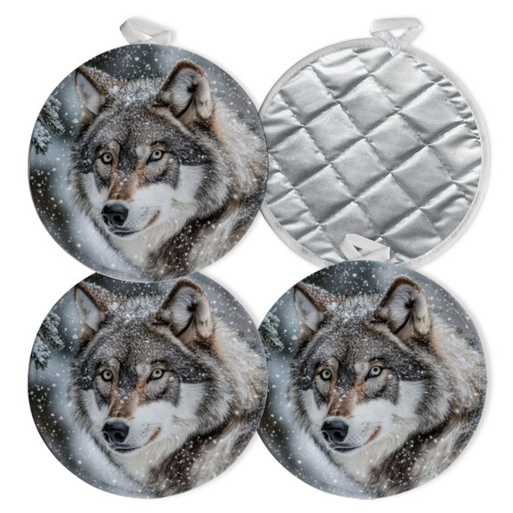 4 PCS Pot Holders for Kitchen,Potholders Sets with Hook for Oven,Cooking,Baking,Grey Wolf In Snow