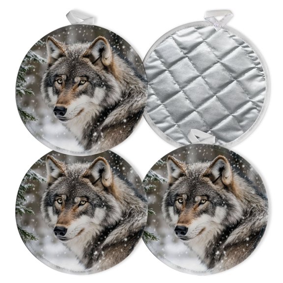 4 PCS Pot Holders for Kitchen,Potholders Sets with Hook for Oven,Cooking,Baking,Grey Wolf With Pine Tree