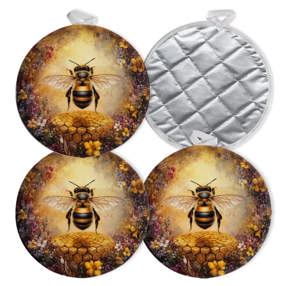 4 PCS Pot Holders for Kitchen,Potholders Sets with Hook for Oven,Cooking,Baking,Honey Bee In The Center Of Empty Beehive