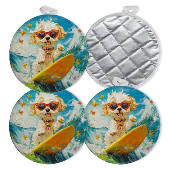 4 PCS Pot Holders for Kitchen,Potholders Sets with Hook for Oven,Cooking,Baking,Impasto - Painted Dog Surfing With Butterflies