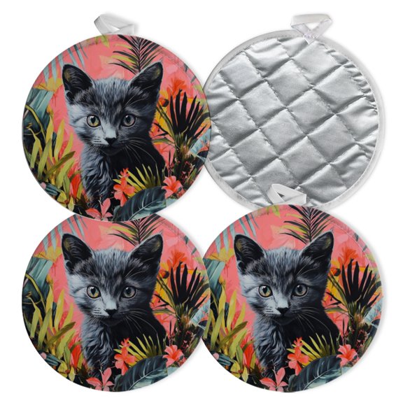 4 PCS Pot Holders for Kitchen,Potholders Sets with Hook for Oven,Cooking,Baking,Kitten In Tropical Floral Environment