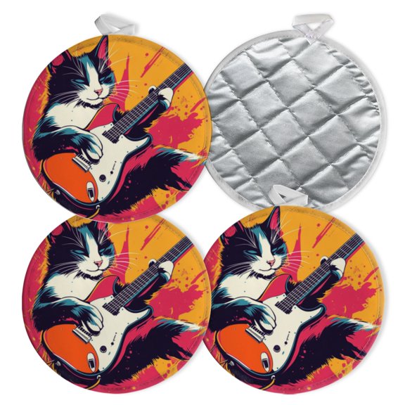 4 PCS Pot Holders for Kitchen,Potholders Sets with Hook for Oven,Cooking,Baking,Kitten Playing Electric Guitar
