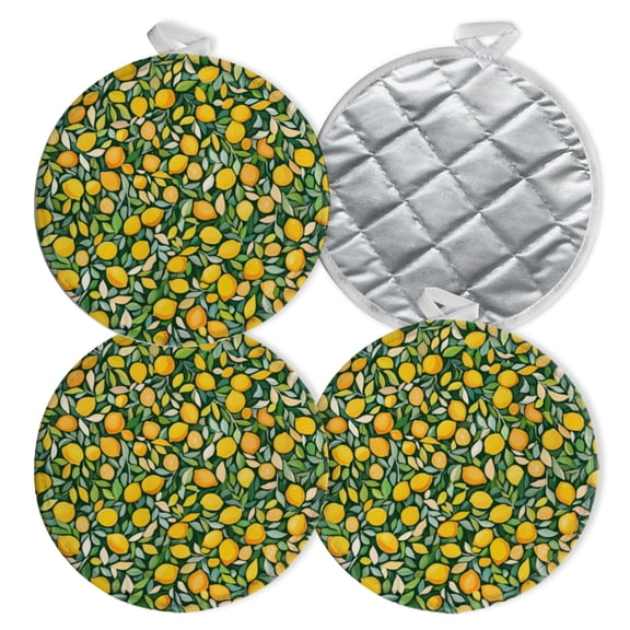 4 PCS Pot Holders for Kitchen,Potholders Sets with Hook for Oven,Cooking,Baking,Lemon Pattern With Green Leaves