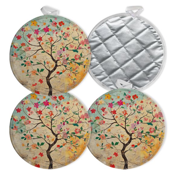 4 PCS Pot Holders for Kitchen,Potholders Sets with Hook for Oven,Cooking,Baking,Lush Spring Colorful Tree Of Life Pattern
