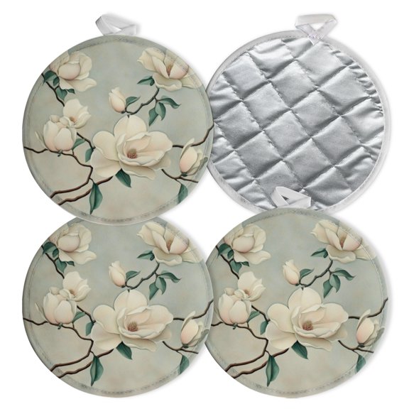 4 PCS Pot Holders for Kitchen,Potholders Sets with Hook for Oven,Cooking,Baking,Magnolias Against Light - Blue Background