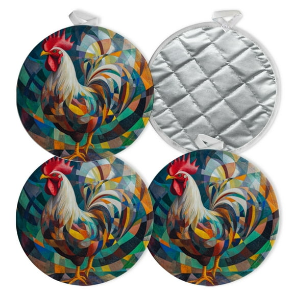 4 PCS Pot Holders for Kitchen,Potholders Sets with Hook for Oven,Cooking,Baking,Majestic Rooster In Dynamic Geometric