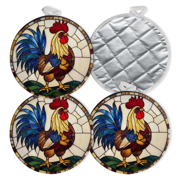 4 PCS Pot Holders for Kitchen,Potholders Sets with Hook for Oven,Cooking,Baking,Majestic Rooster In Stained Glass