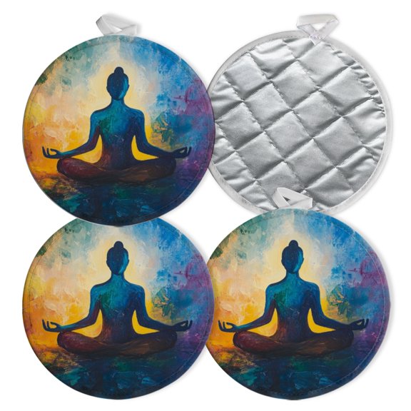 4 PCS Pot Holders for Kitchen,Potholders Sets with Hook for Oven,Cooking,Baking,Meditating Figure Surrounded By Vibrant Colors