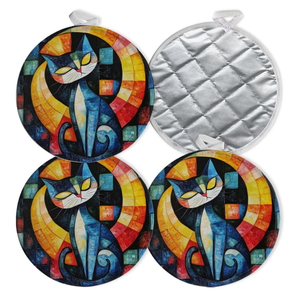 4 PCS Pot Holders for Kitchen,Potholders Sets with Hook for Oven,Cooking,Baking,Mosaic - Style Cat With Circular Motif