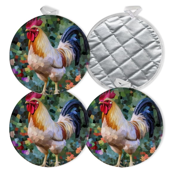 4 PCS Pot Holders for Kitchen,Potholders Sets with Hook for Oven,Cooking,Baking,Mosaic - Style Rooster In Garden - Like Setting