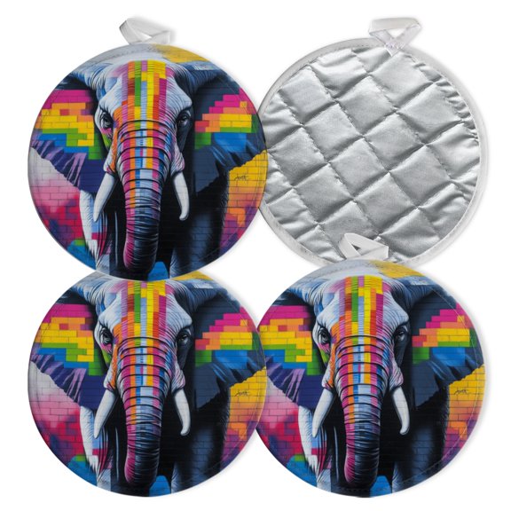 4 PCS Pot Holders for Kitchen,Potholders Sets with Hook for Oven,Cooking,Baking,Mural - Style Pixelated Elephant