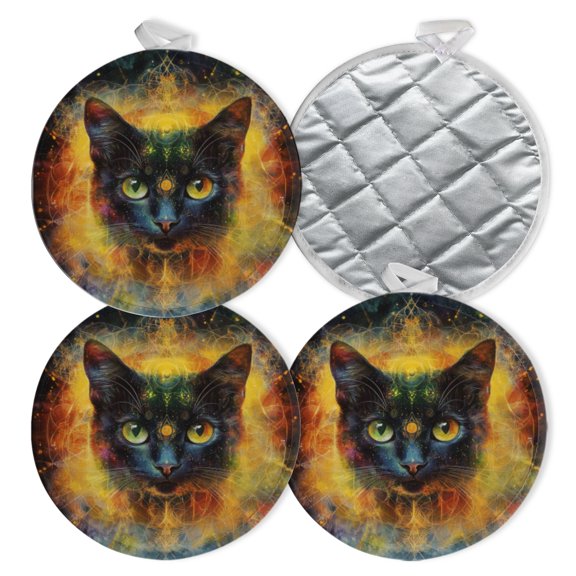 4 PCS Pot Holders for Kitchen,Potholders Sets with Hook for Oven,Cooking,Baking,Mystical Black Cat With Cosmic Patterns