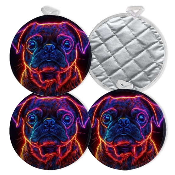 4 PCS Pot Holders for Kitchen,Potholders Sets with Hook for Oven,Cooking,Baking,Neon - Lit Pug With Mesmerizing Eyes