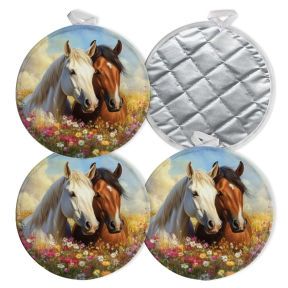 4 PCS Pot Holders for Kitchen,Potholders Sets with Hook for Oven,Cooking,Baking,Oil - Painted Horses In Flower - Filled Meadow