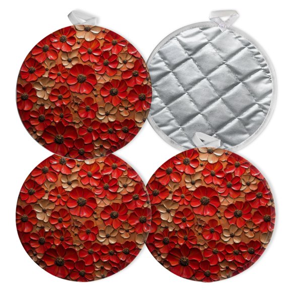 4 PCS Pot Holders for Kitchen,Potholders Sets with Hook for Oven,Cooking,Baking,Passionate Oil Painting Red Flowers Design