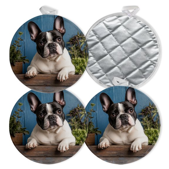 4 PCS Pot Holders for Kitchen,Potholders Sets with Hook for Oven,Cooking,Baking,Photo Of Adorable French Bulldog With Head Tilted