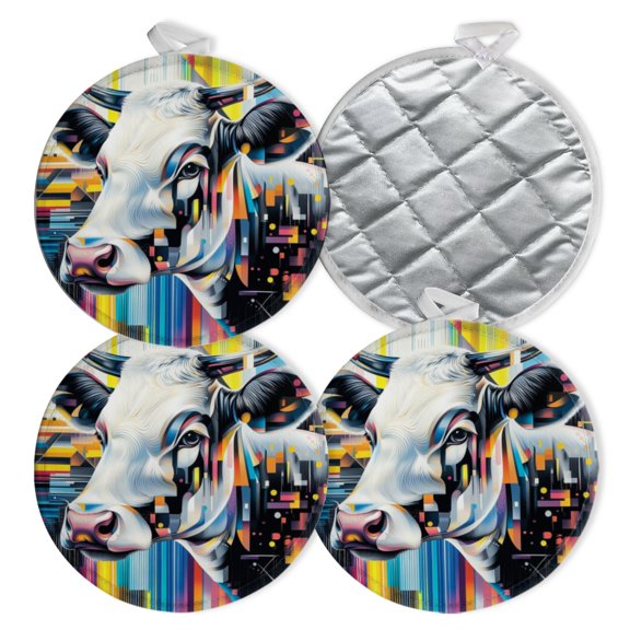 4 PCS Pot Holders for Kitchen,Potholders Sets with Hook for Oven,Cooking,Baking,Pop - Art - Inspired Cow Head With Geometric Patterns