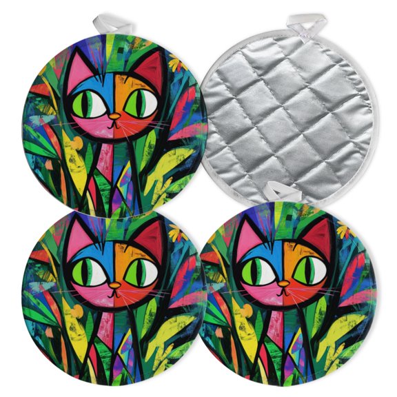 4 PCS Pot Holders for Kitchen,Potholders Sets with Hook for Oven,Cooking,Baking,Pop - Art Style Colorful Cat