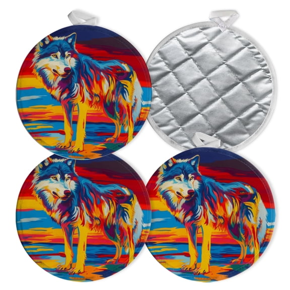 4 PCS Pot Holders for Kitchen,Potholders Sets with Hook for Oven,Cooking,Baking,Pop - Art - Style Wolf In Color - Blocked Landscape