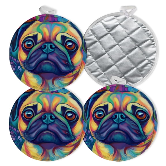 4 PCS Pot Holders for Kitchen,Potholders Sets with Hook for Oven,Cooking,Baking,Pug Dog In The Style Of Lisa Frank