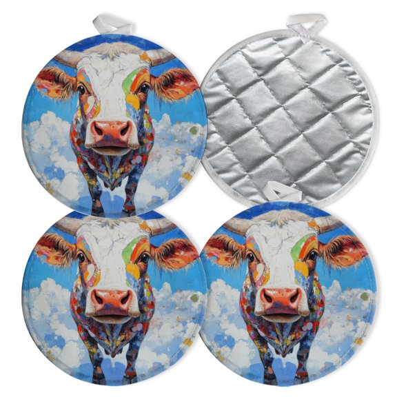 4 PCS Pot Holders for Kitchen,Potholders Sets with Hook for Oven,Cooking,Baking,Quirky Image Of Cow Against Blue Sky