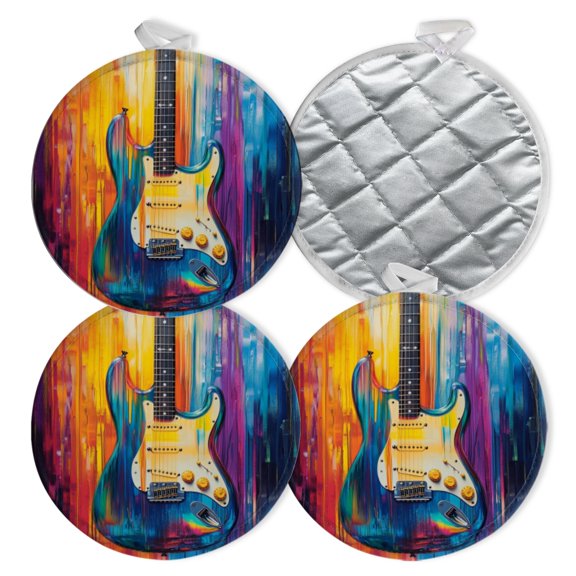 4 PCS Pot Holders for Kitchen,Potholders Sets with Hook for Oven,Cooking,Baking,Rainbow - Hued Electric Guitar In Abstract
