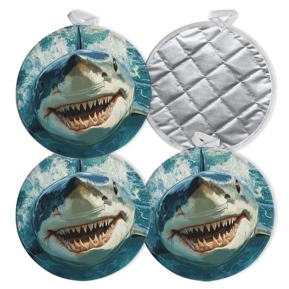 4 PCS Pot Holders for Kitchen,Potholders Sets with Hook for Oven,Cooking,Baking,Realistic Great White Shark In The Ocean