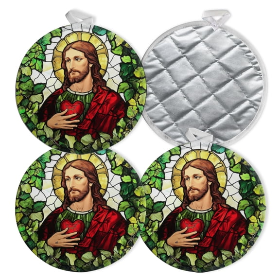4 PCS Pot Holders for Kitchen,Potholders Sets with Hook for Oven,Cooking,Baking,Realistic Stained Glass Round Clipart Of Jesus