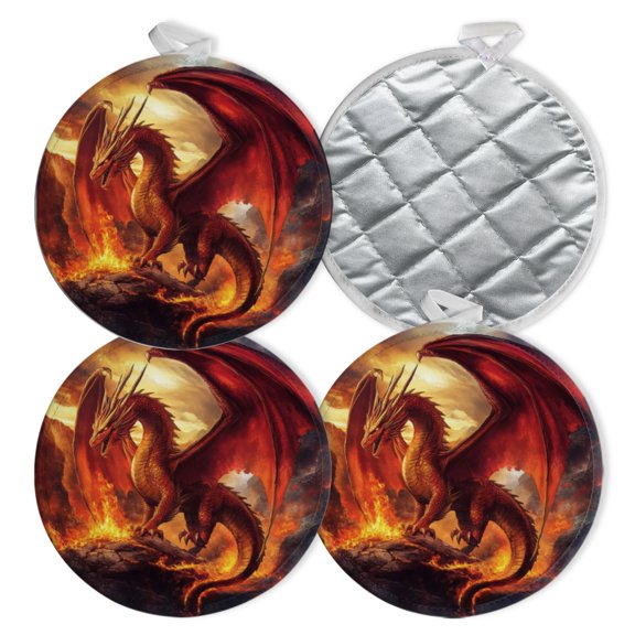 4 PCS Pot Holders for Kitchen,Potholders Sets with Hook for Oven,Cooking,Baking,Red Dragon In The Middle Of Fire