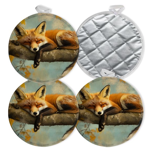 4 PCS Pot Holders for Kitchen,Potholders Sets with Hook for Oven,Cooking,Baking,Red Fox Sleeps Peacefully On Tree Branch
