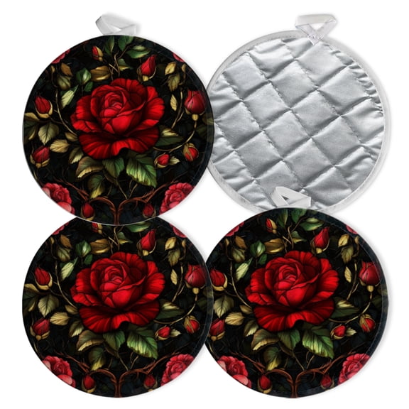 4 PCS Pot Holders for Kitchen,Potholders Sets with Hook for Oven,Cooking,Baking,Red Roses With Black - And - Gold Leaves