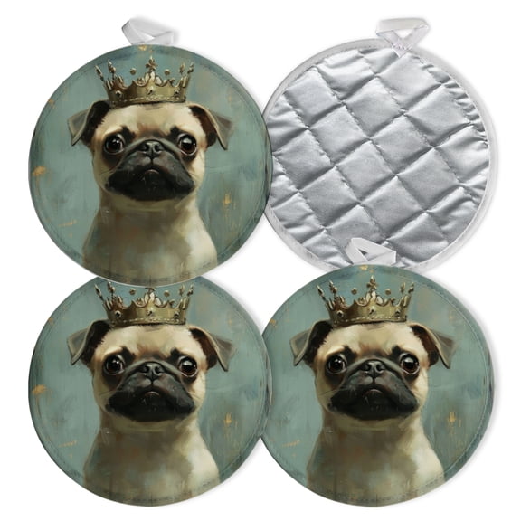 4 PCS Pot Holders for Kitchen,Potholders Sets with Hook for Oven,Cooking,Baking,Regal Pug With Crown