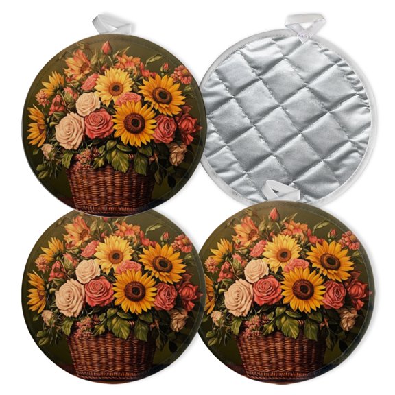 4 PCS Pot Holders for Kitchen,Potholders Sets with Hook for Oven,Cooking,Baking,Roses And Sunflowers In Flower Basket