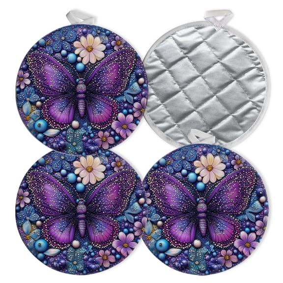 4 PCS Pot Holders for Kitchen,Potholders Sets with Hook for Oven,Cooking,Baking,Round Mandala With Purple Butterfly