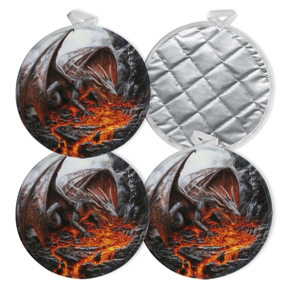 4 PCS Pot Holders for Kitchen,Potholders Sets with Hook for Oven,Cooking,Baking,Rounded Button Design Featuring Dragon In Lava
