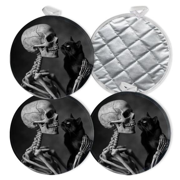 4 PCS Pot Holders for Kitchen,Potholders Sets with Hook for Oven,Cooking,Baking,Skeleton Holding Black Cat