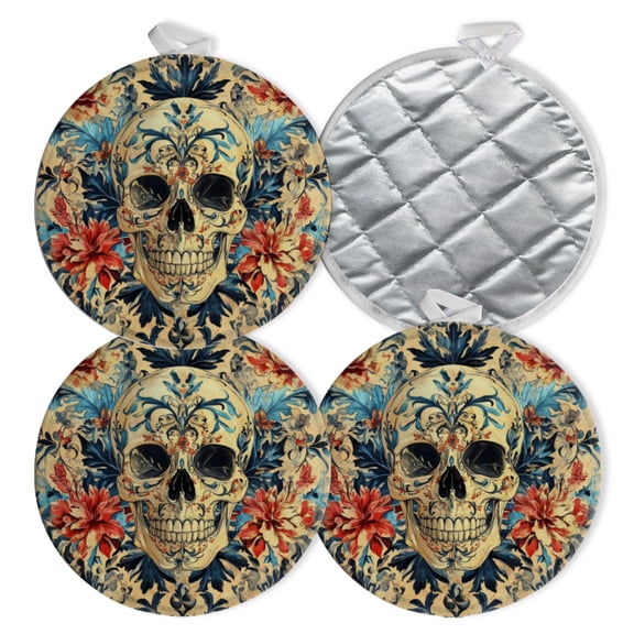 4 PCS Pot Holders for Kitchen,Potholders Sets with Hook for Oven,Cooking,Baking,Skull Adorned With Floral Patterns In Blue And Red