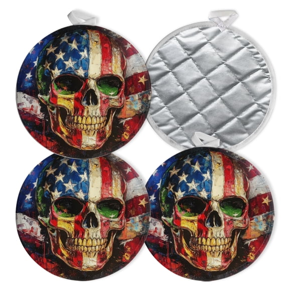 4 PCS Pot Holders for Kitchen,Potholders Sets with Hook for Oven,Cooking,Baking,Skull With American Flag Motif