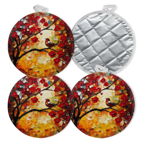 4 PCS Pot Holders for Kitchen,Potholders Sets with Hook for Oven,Cooking,Baking,Small Bird Among Red Flowers
