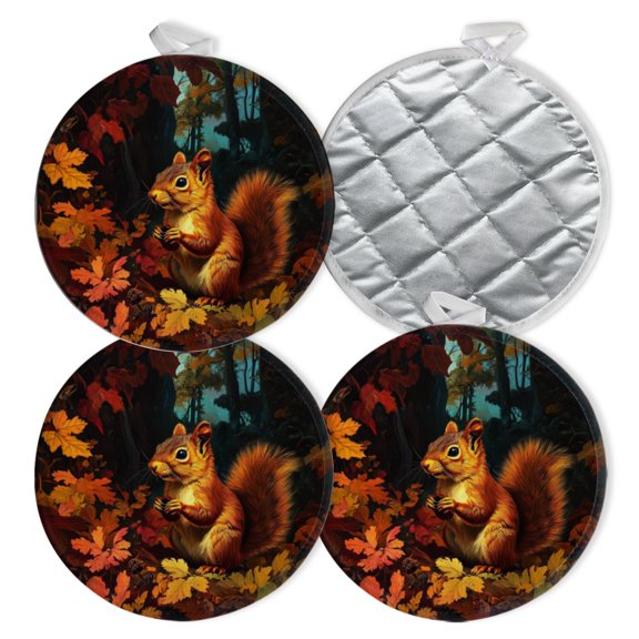 4 PCS Pot Holders for Kitchen,Potholders Sets with Hook for Oven,Cooking,Baking,Squirrel In Enchanted Autumn Forest